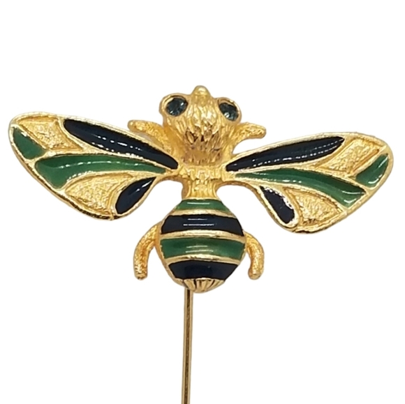 FLORENZA VINTAGE 24K GOLDPLATED WITH GREEN & BLUE ENAMEL BUMBLE BEE STICK PIN - Picture 2 of 4
